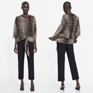 ZARA Sheer Leopard Print Over Knit Tank 3/4 Sleeve Tie Front Blouse Size…